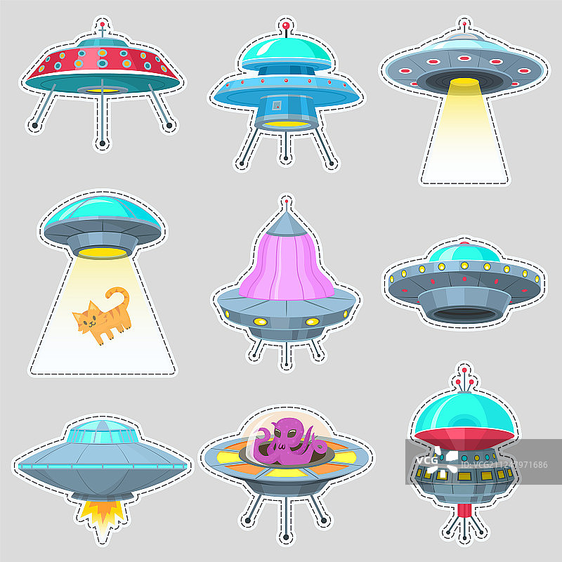 一组UFO贴纸外星飞船图片素材
