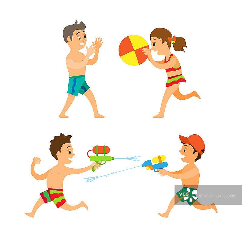 夏天的活动男孩和女孩在海滩上玩图片素材