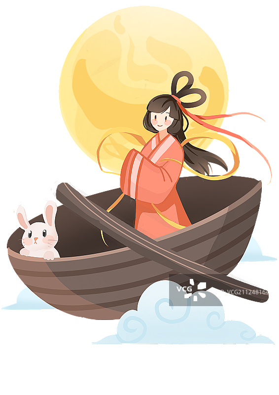 中秋节满月下木船里的红衣嫦娥和白色兔子免扣插画元素图片素材