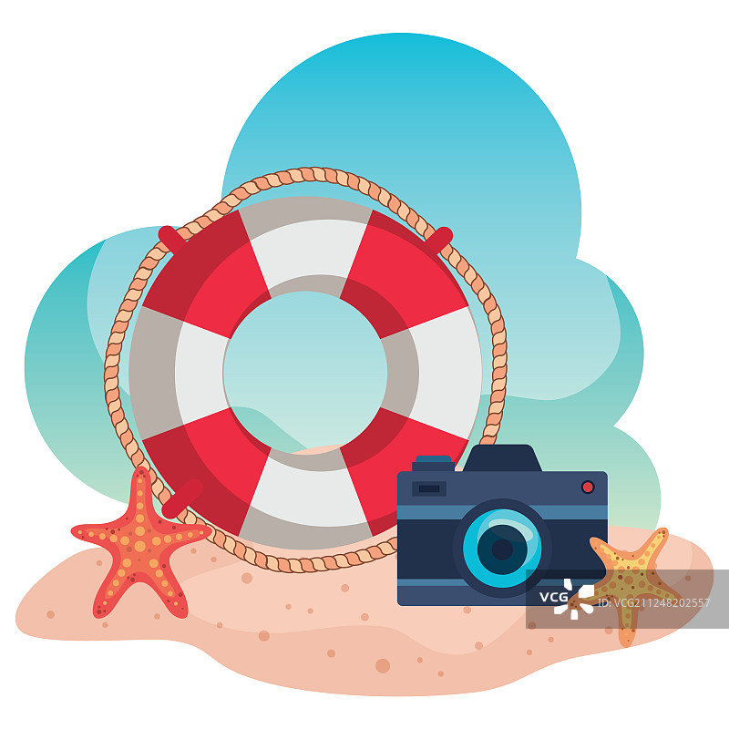 带着相机和海星漂浮在沙滩上图片素材
