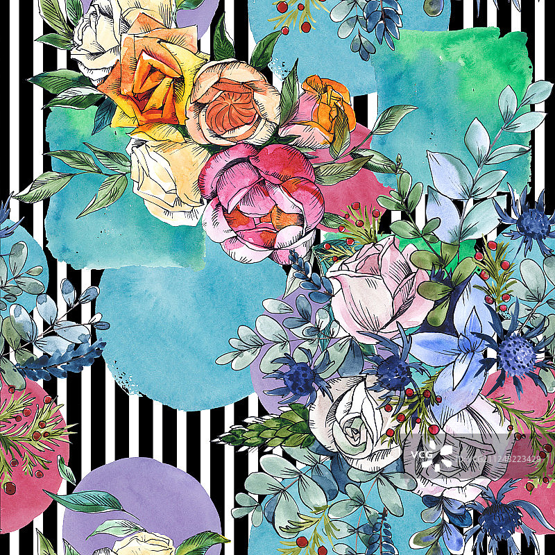 野花，花束，植物花。水彩背景插图集。无缝的背景图案。图片素材