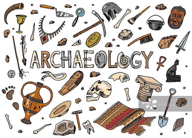 成套考古工具、科学设备图片素材