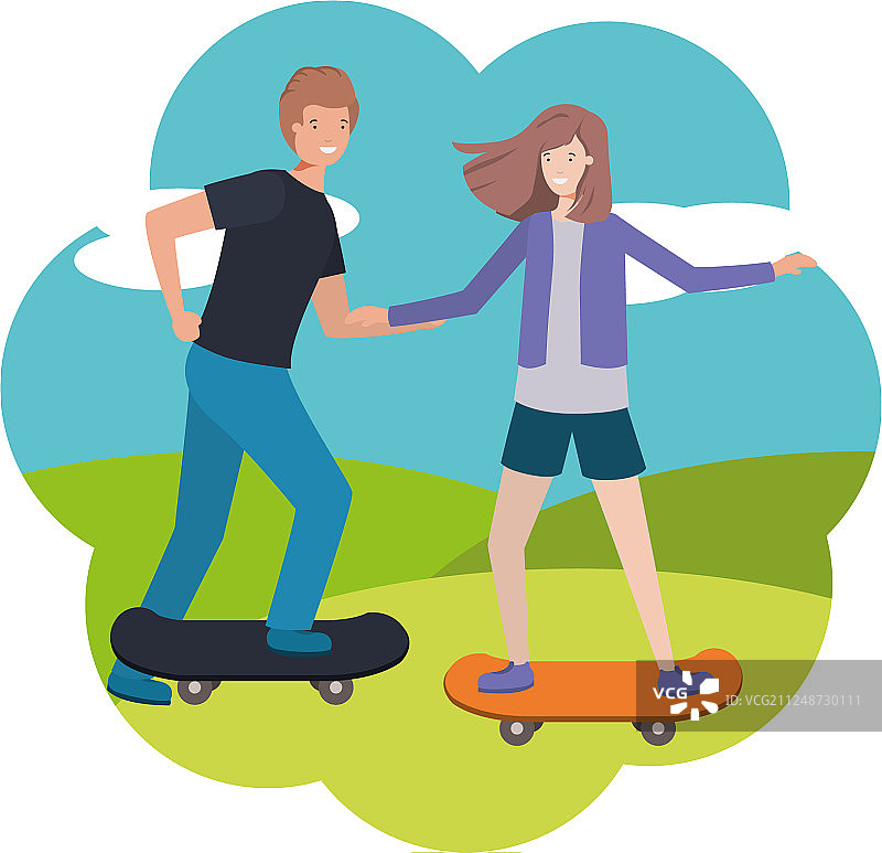 滑板角色中的一对年轻夫妇图片素材