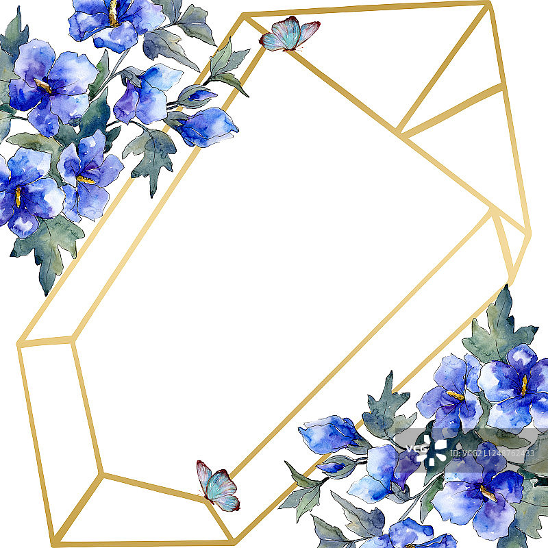 水彩蓝色的罂粟花花束。花卉植物的花。边框装饰方形。图片素材