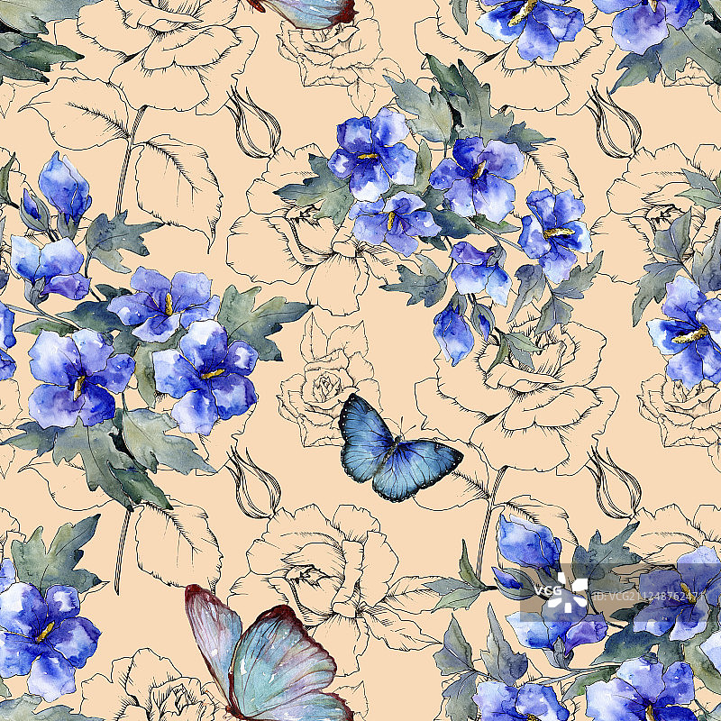 水彩蓝色的罂粟花花束。花卉植物的花。无缝的背景图案。图片素材