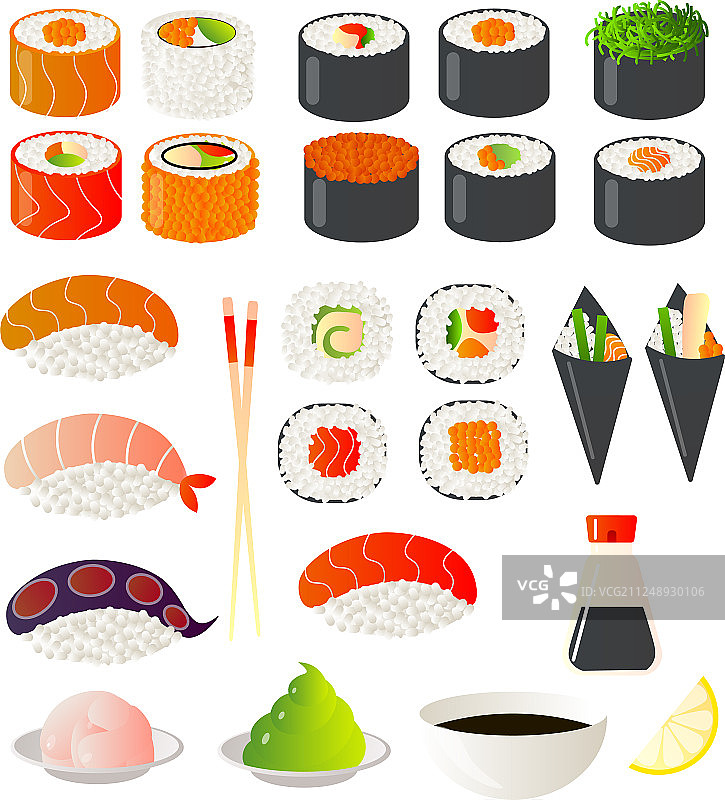 一套寿司和颜色鲜艳的卷图片素材