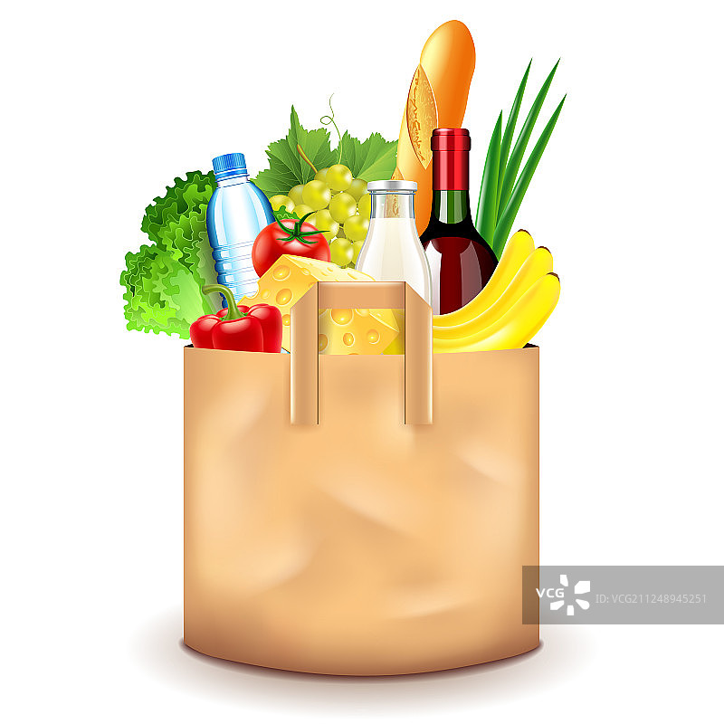 食品在纸袋上隔离白色图片素材