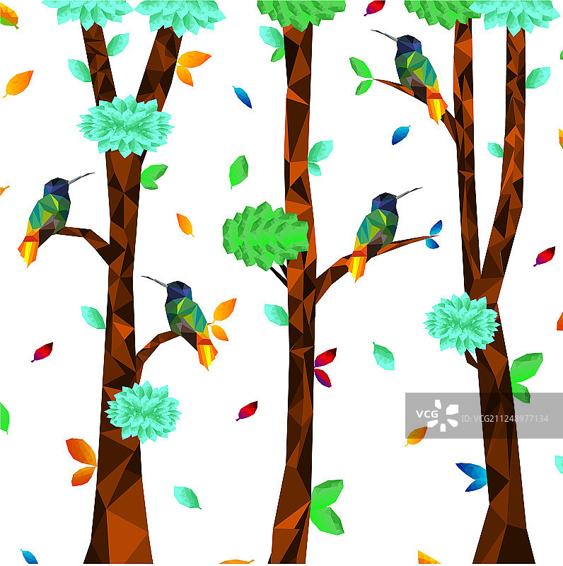 低聚彩色蜂鸟与树图片素材