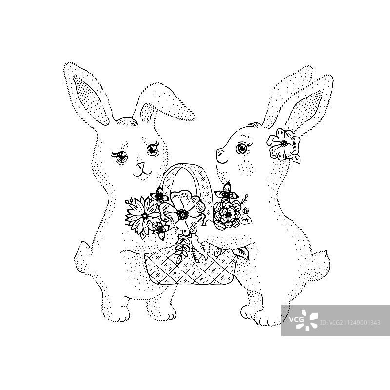 春天的小兔子们带着鲜花盛开图片素材