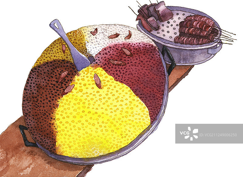 水彩手绘特色美食五彩糯米饭烤肉图片素材