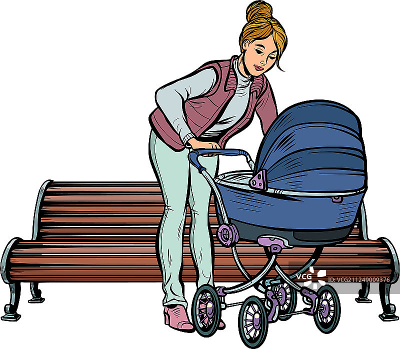 年轻的妈妈推着婴儿车坐在公园的长椅上图片素材