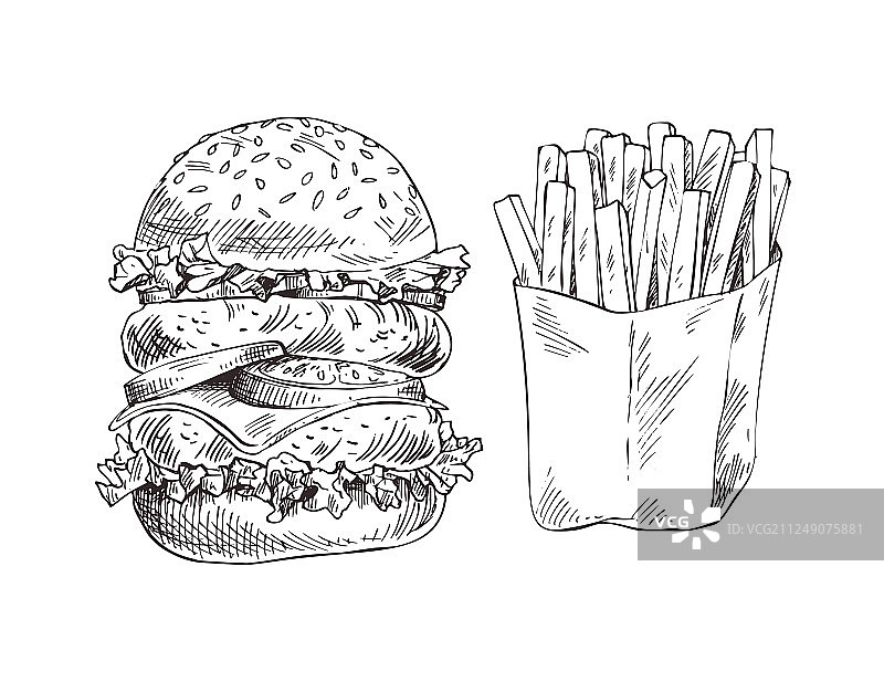 巨大的汉堡包和油炸土豆图形艺术横幅图片素材