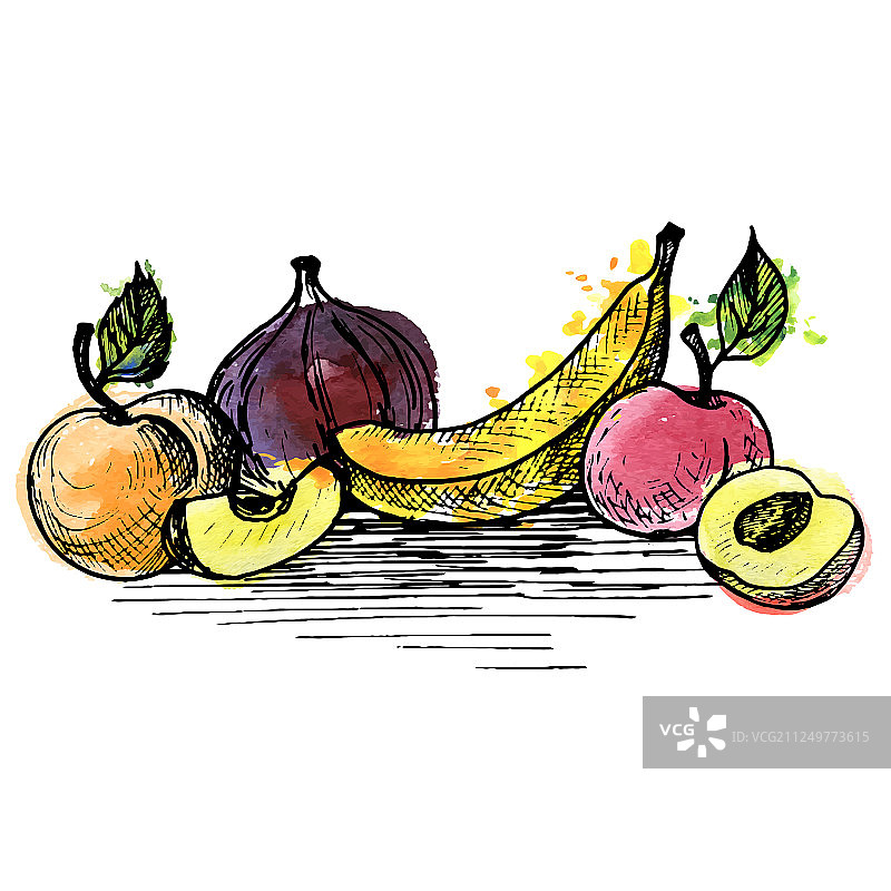 用墨水画香蕉和桃子图片素材