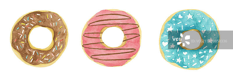 水彩手绘多个奶油甜甜圈白底插画图片素材