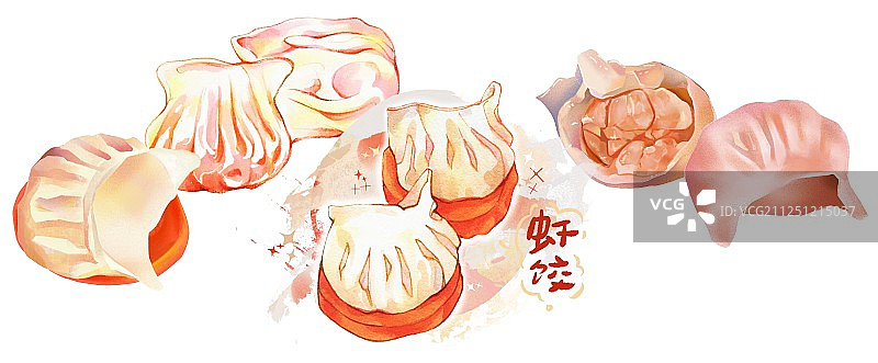 无背景美食手绘插画 港式广式粤式茶餐厅 虾饺 横幅海报背景壁图片素材