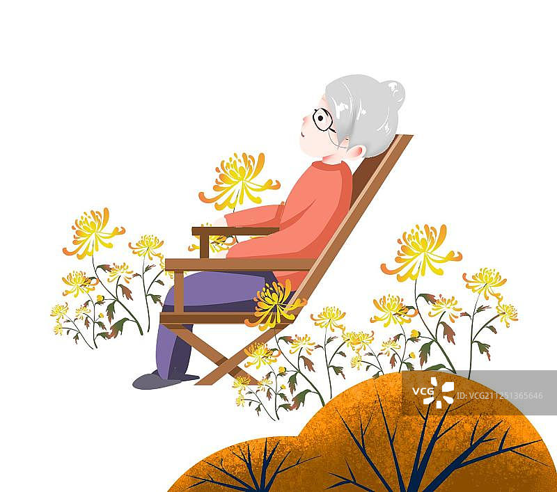 重阳节传统敬老老人与黄色菊花免扣插画元素图片素材