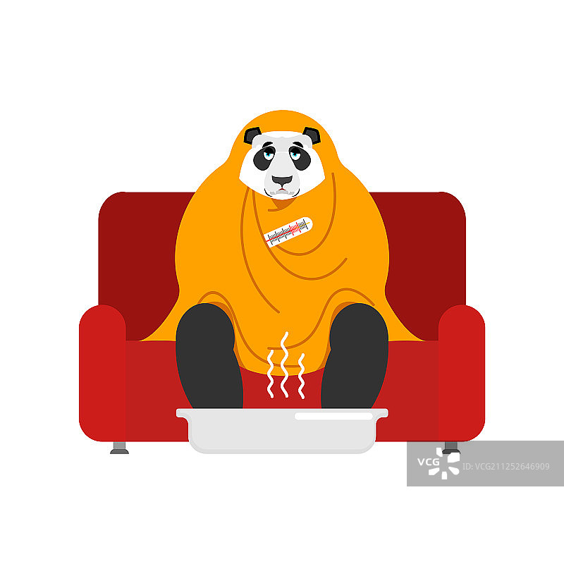 生病的熊猫裹着毯子坐在扶手椅里图片素材