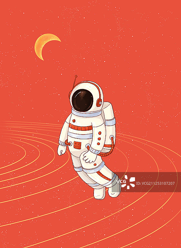 月亮和宇航员插画红底2图片素材