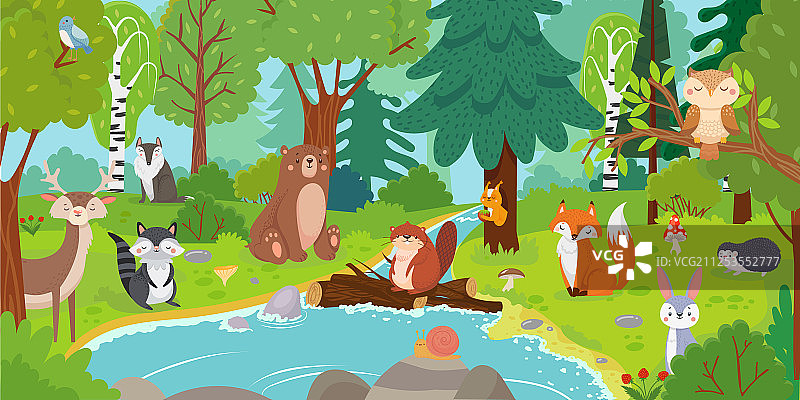 卡通森林动物野生熊滑稽松鼠图片素材