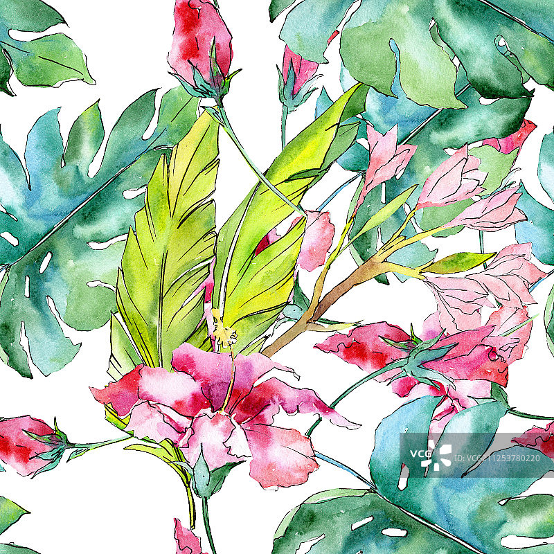 粉红色异国情调的热带夏威夷花。水彩插图集。无缝的背景图案。图片素材