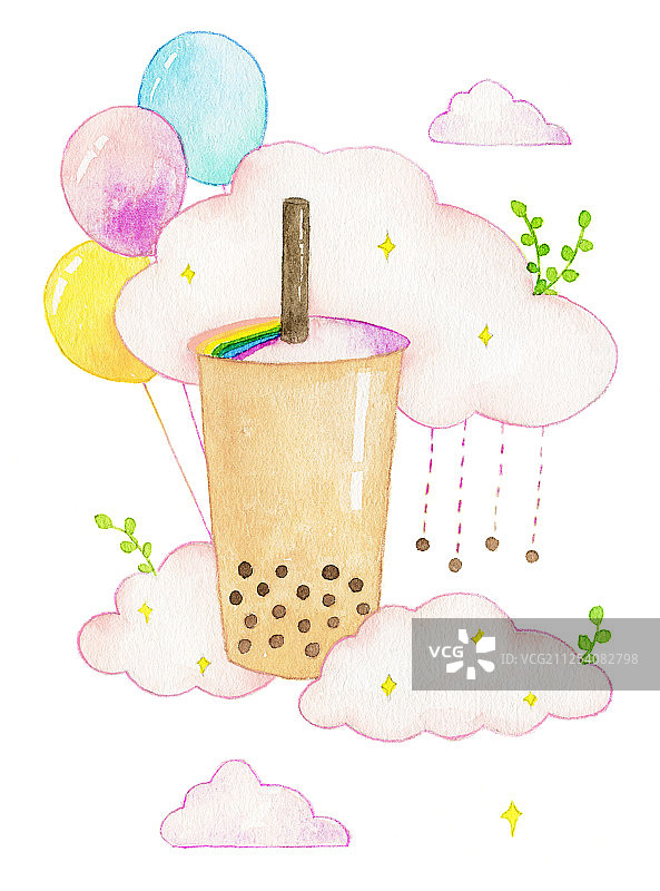 水彩手绘一杯珍珠奶茶幻想风格插画图片素材