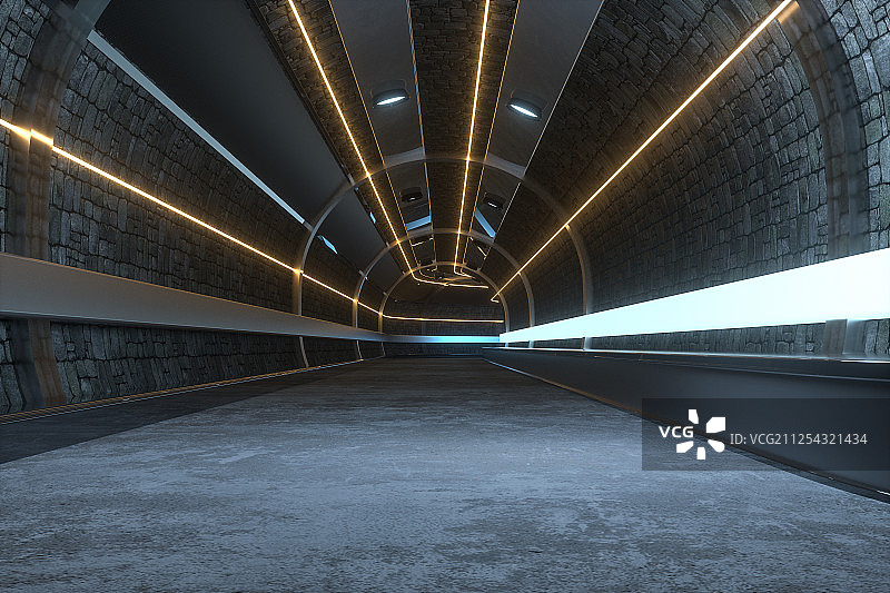 黑暗室内的科技感隧道 三维渲染图片素材