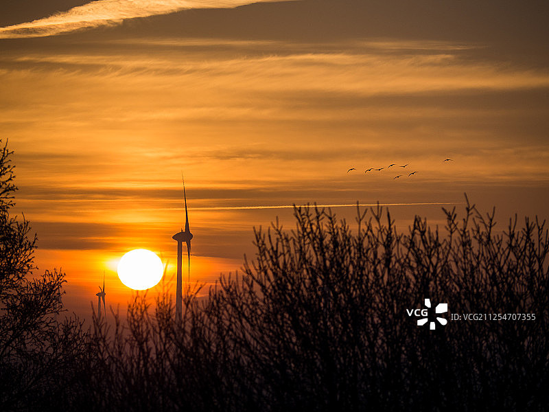 日落时的风力涡轮机图片素材