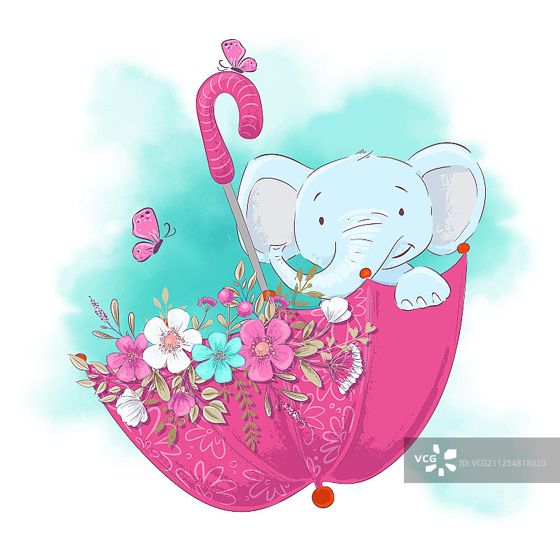 可爱的卡通大象在带花的雨伞里图片素材
