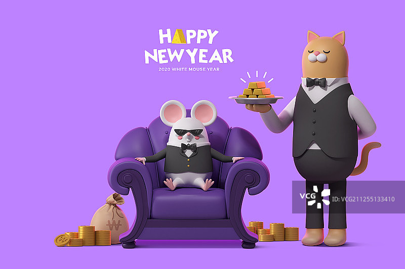 2020年新年快乐，3D逼真人物鼠006图片素材