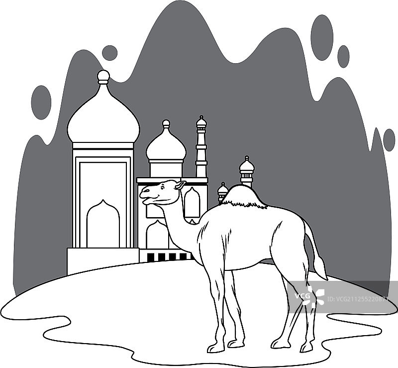 泰姬陵和骆驼的卡通风景在黑色和图片素材