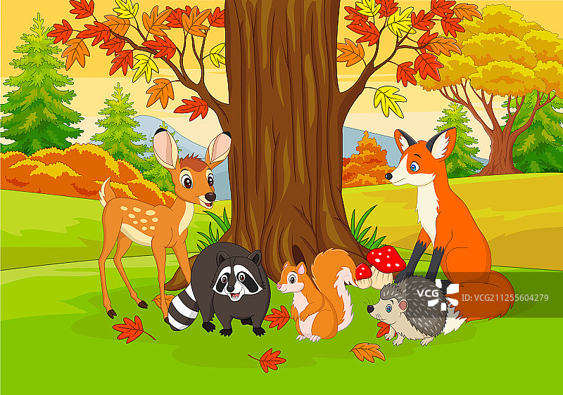 秋天森林里的卡通野生动物图片素材