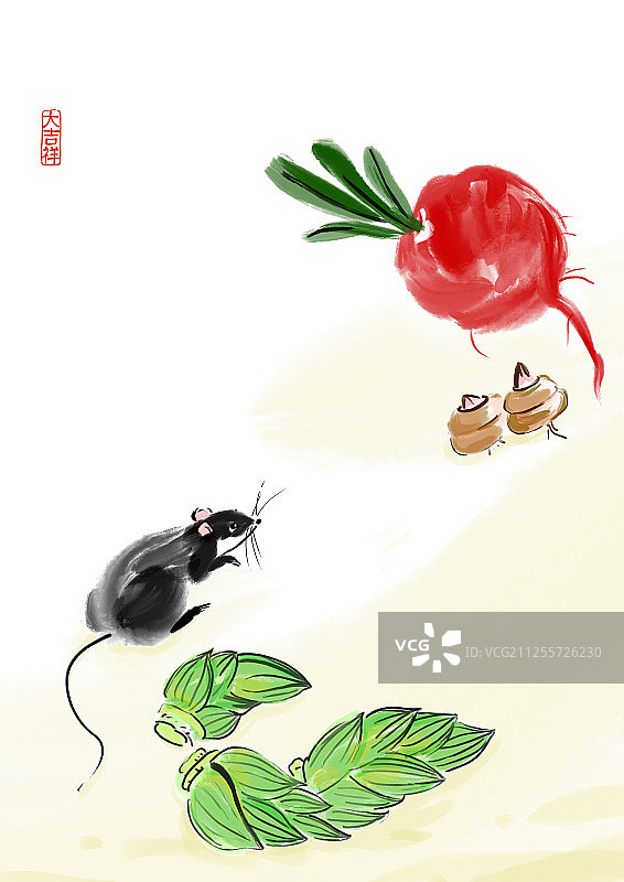 中国水墨插画鼠年吉祥题材萝卜竹笋健康有机蔬菜图片素材