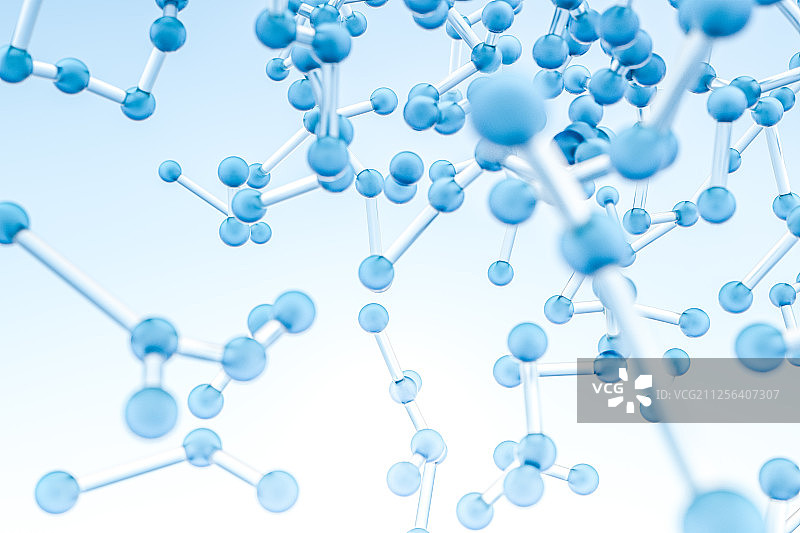分子球体连接线条与蓝色背景 三维渲染图片素材