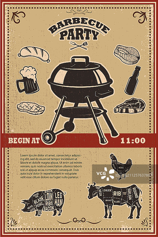 复古烧烤派对海报模板烧烤牛排图片素材