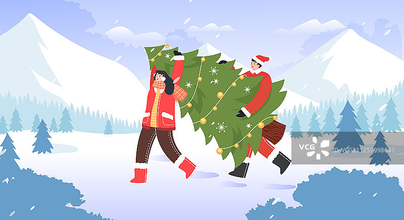 卡通清新圣诞节圣诞树朋友庆祝雪景冬季背景矢量插画图片素材