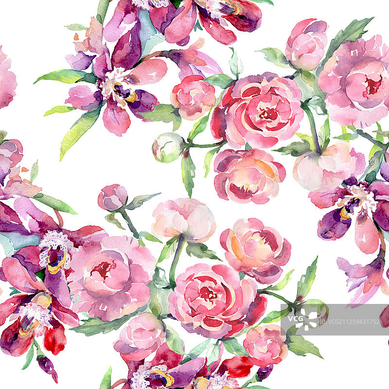 花束与牡丹花卉植物。水彩背景插图集。无缝的背景图案。图片素材