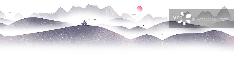 淡雅的山水和红日落山场景长图图片素材