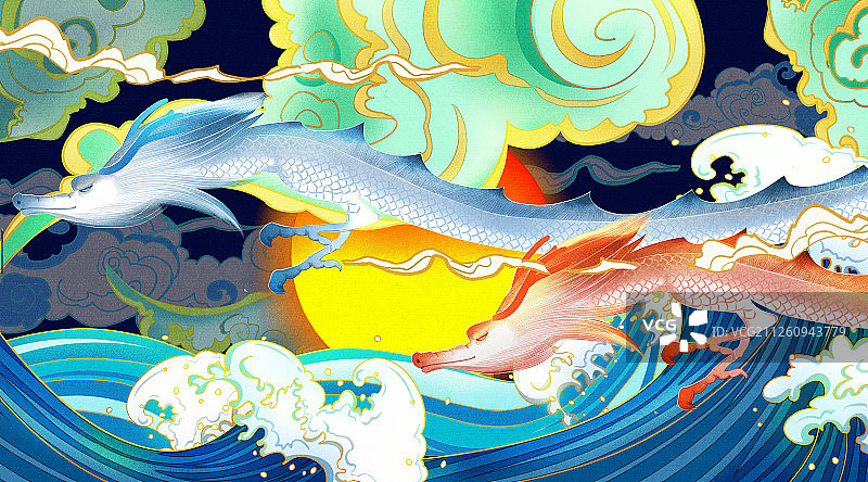 国潮风飞龙在水面上跃起插画图片素材