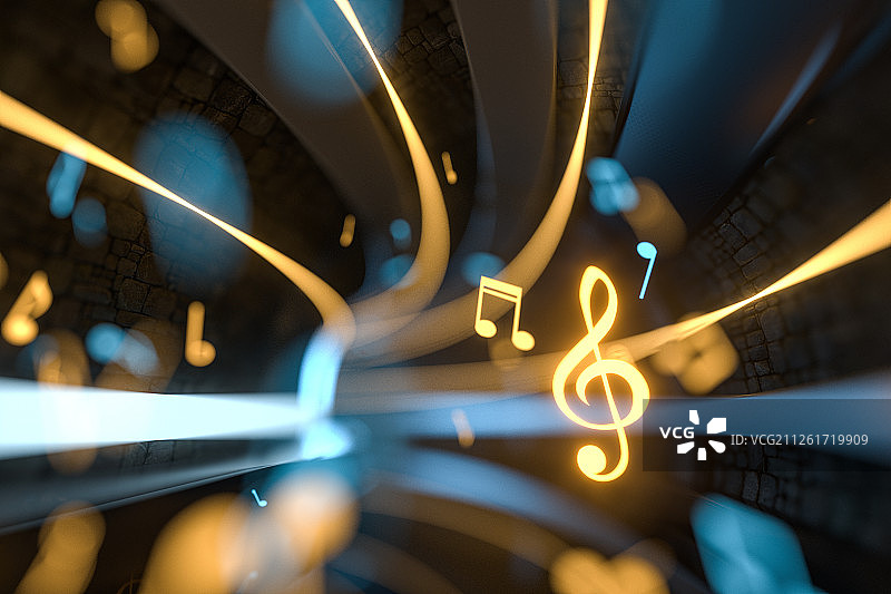 闪亮发光的音符与隧道舞台背景 三维渲染图片素材