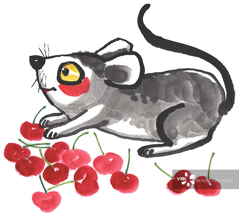 国画水墨插画-樱桃和老鼠图片素材