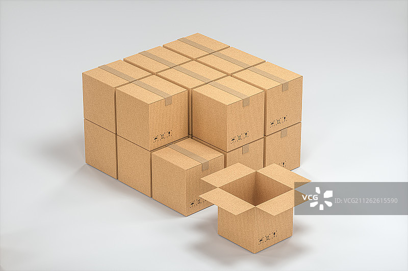 白色背景下崭新的包装箱 快递运输仓储概念图 三维渲染图片素材