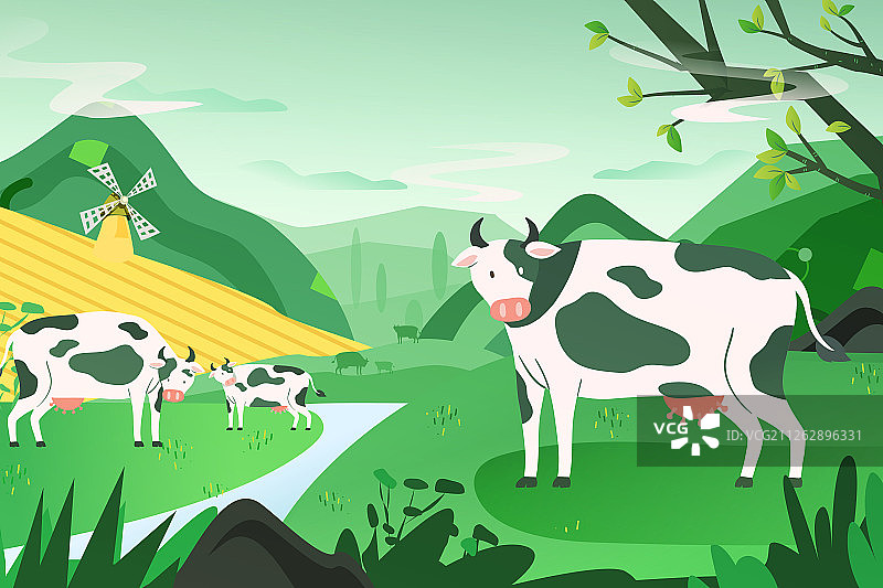 卡通牛奶加工挤奶饮料饮品活动牧场风景矢量背景插画图片素材