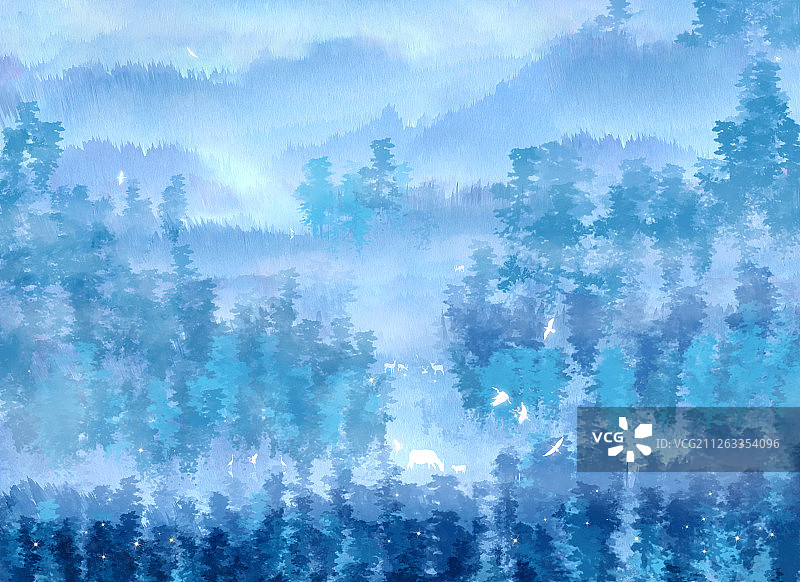 寒冷的冬天，森林里飘着雾气，几只小鹿和小鸟在休息中国水墨风格图片素材