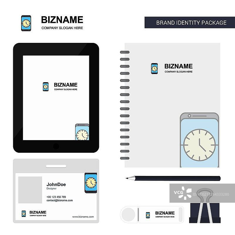 时钟企业标志，标签应用程序，日记PVC员工卡和USB品牌文具包装设计矢量模板图片素材