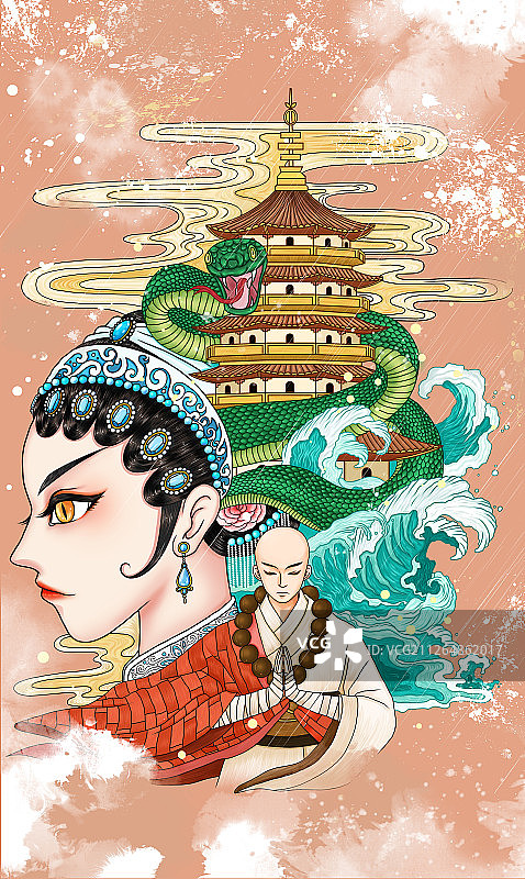 国潮白蛇传之水漫金山寺插画图片素材