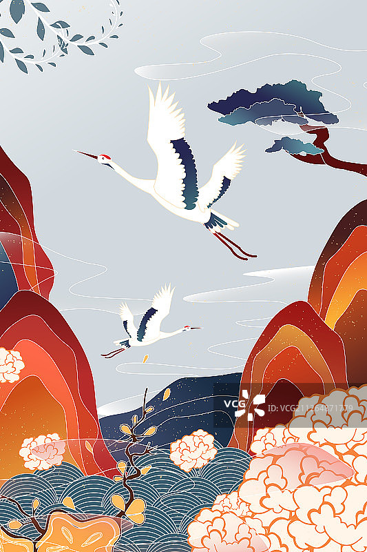 卡通仙鹤国潮浮世绘风格中国风背景矢量插画图片素材