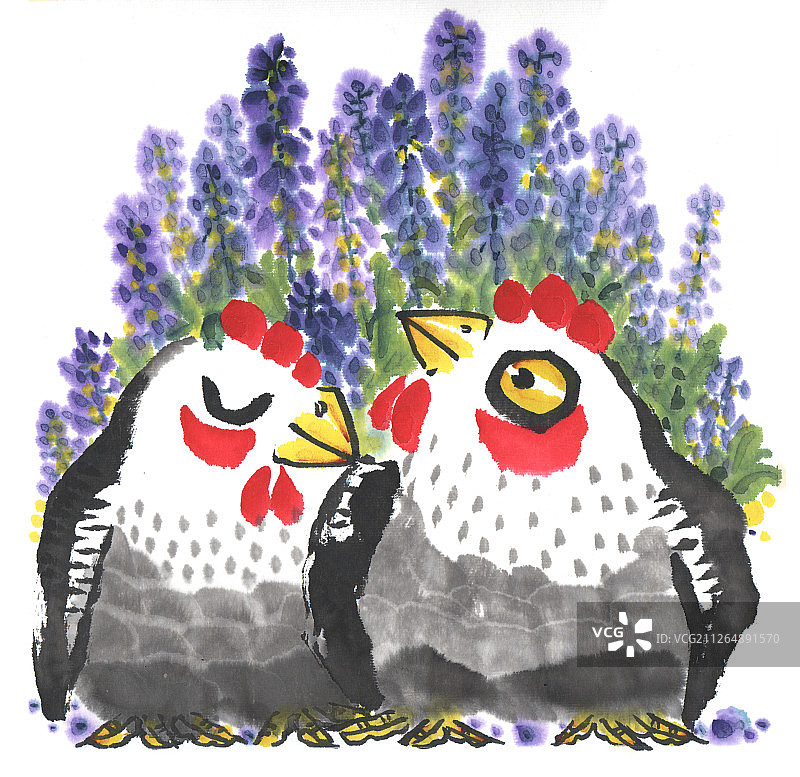 中国画水墨动物插画-站在花丛前边甜言蜜语的两只生肖鸡图片素材