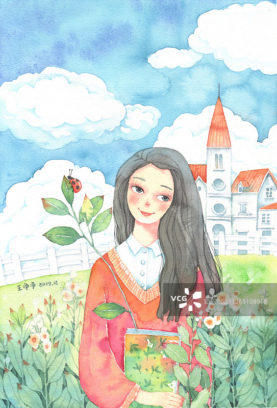 唯美水彩插画-蓝天白云下抱着书的女孩图片素材