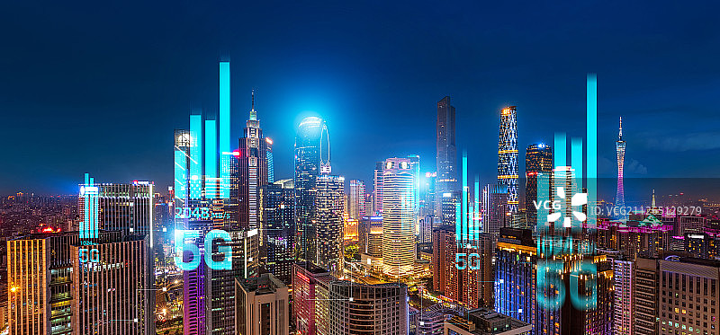 5G网络信号科技快速发展广州夜景CBD天际线城市高楼建筑经济图片素材