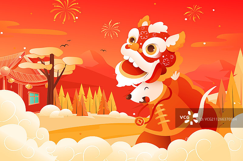 卡通2020鼠年新年舞狮红包活动中国风背景矢量插画图片素材